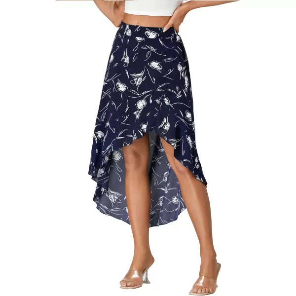 LYANER Women's Boho Floral Print Elastic High Waist Ruffle Hem A Line Flowy Midi Skirts