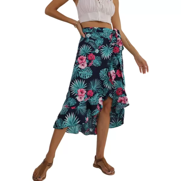 LYANER Women's Boho Floral Print Wrap Front Self Tie Knot Ruffle Hem Split Midi Skirt