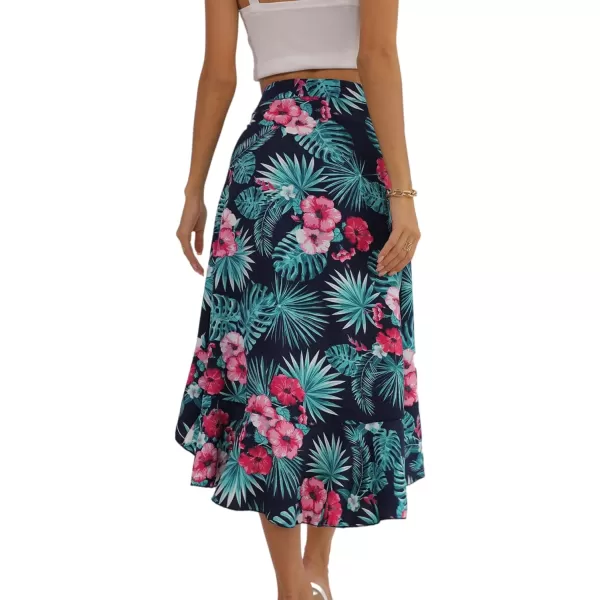 LYANER Women's Boho Floral Print Wrap Front Self Tie Knot Ruffle Hem Split Midi Skirt