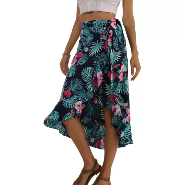 LYANER Women's Boho Floral Print Wrap Front Self Tie Knot Ruffle Hem Split Midi Skirt