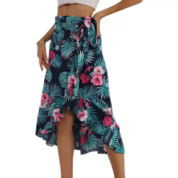 LYANER Women's Boho Floral Print Wrap Front Self Tie Knot Ruffle Hem Split Midi Skirt