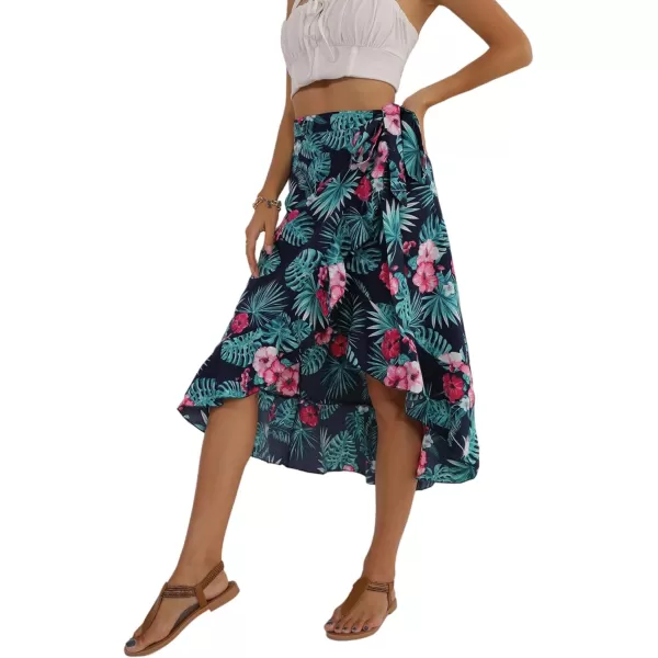 LYANER Women's Boho Floral Print Wrap Front Self Tie Knot Ruffle Hem Split Midi Skirt