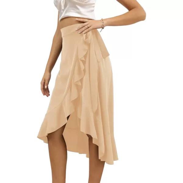 LYANER Women's Boho Floral Print Wrap Front Self Tie Knots Ruffle Hem Split Midi Skirt