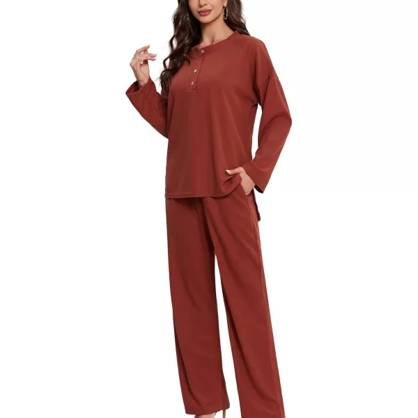 LYANER Women's Button Down V Neck Long Sleeve Loose 2 Piece Pants Outfits Knit Matching Set Wide Leg Pant Set