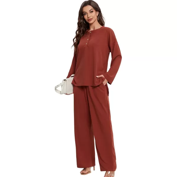 LYANER Women's Button Down V Neck Long Sleeve Loose 2 Piece Pants Outfits Knit Matching Set Wide Leg Pant Set