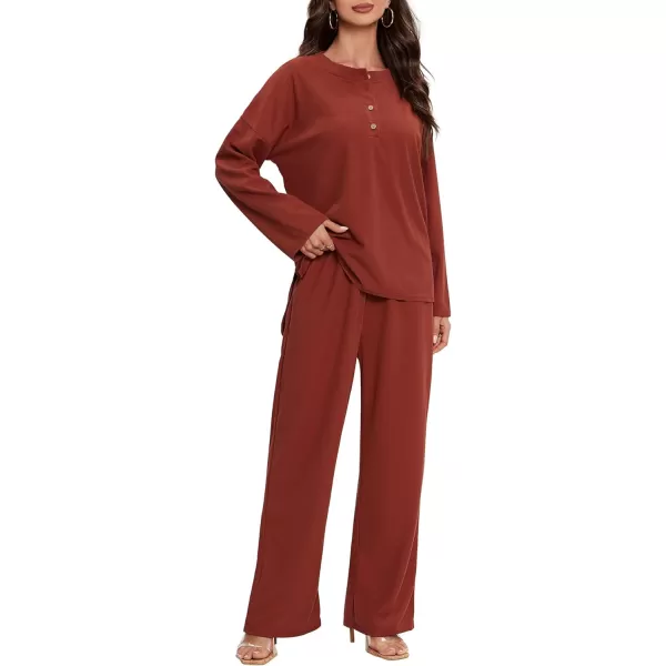 LYANER Women's Button Down V Neck Long Sleeve Loose 2 Piece Pants Outfits Knit Matching Set Wide Leg Pant Set