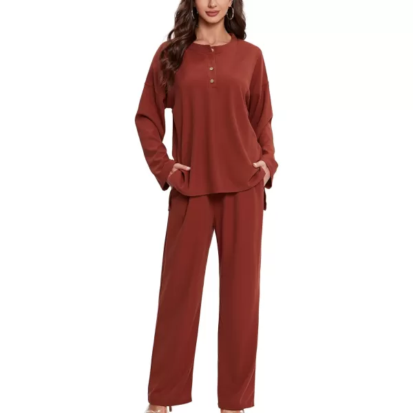 LYANER Women's Button Down V Neck Long Sleeve Loose 2 Piece Pants Outfits Knit Matching Set Wide Leg Pant Set