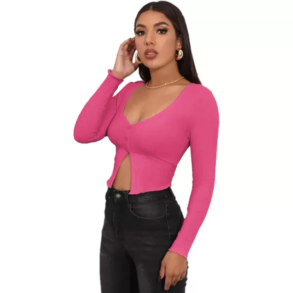 LYANER Women's Button Front V Neck Long Sleeve Slit Hem Ribbed Knit Crop T-Shirt Tee Top