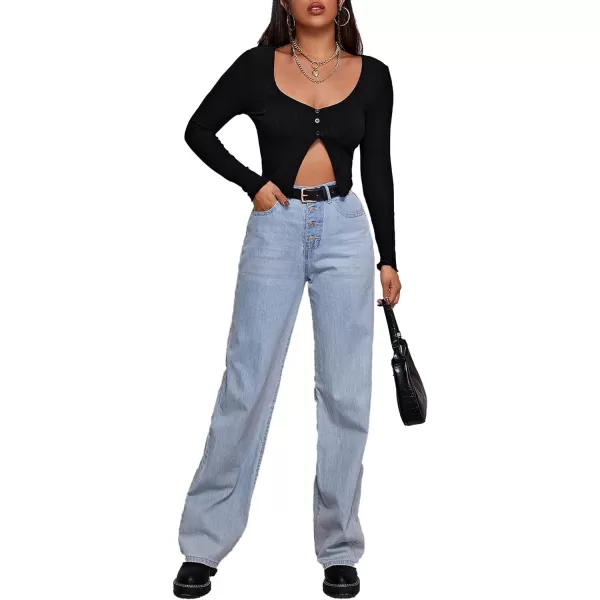 LYANER Women's Button Front V Neck Long Sleeve Slit Hem Ribbed Knit Crop T-Shirt Tee Top