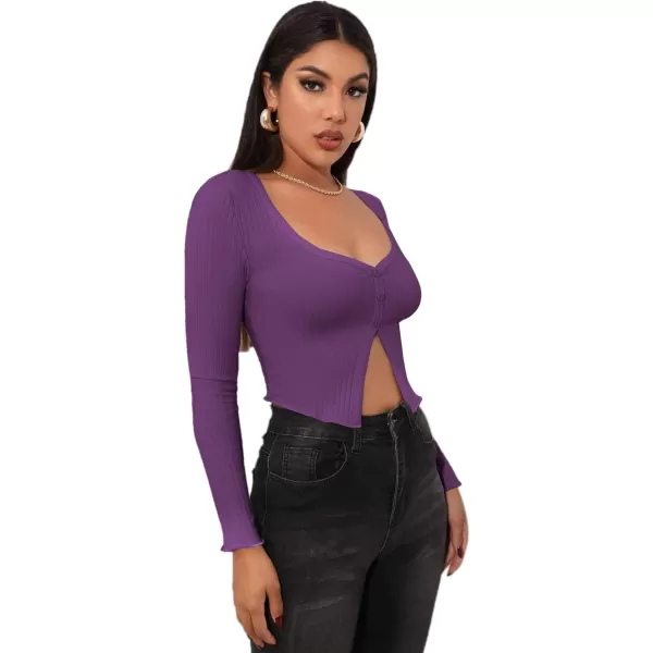 LYANER Women's Button Front V Neck Long Sleeve Slit Hem Ribbed Knit Crop T-Shirt Tee Top