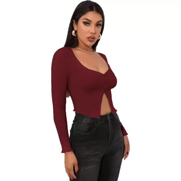 LYANER Women's Button Front V Neck Long Sleeve Slit Hem Ribbed Knit Crop T-Shirt Tee Top