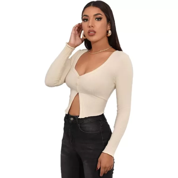 LYANER Women's Button Front V Neck Long Sleeve Slit Hem Ribbed Knit Crop T-Shirt Tee Top