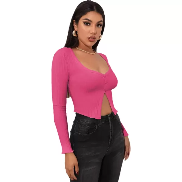 LYANER Women's Button Front V Neck Long Sleeve Slit Hem Ribbed Knit Crop T-Shirt Tee Top