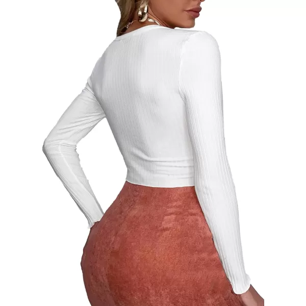 LYANER Women's Button Front V Neck Long Sleeve Slit Hem Ribbed Knit Crop T-Shirt Tee Top