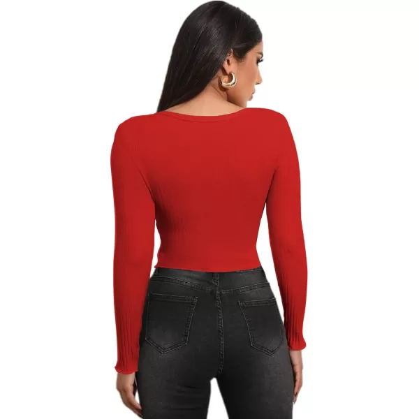 LYANER Women's Button Front V Neck Long Sleeve Slit Hem Ribbed Knit Crop T-Shirt Tee Top