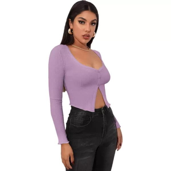LYANER Women's Button Front V Neck Long Sleeve Slit Hem Ribbed Knit Crop T-Shirt Tee Top