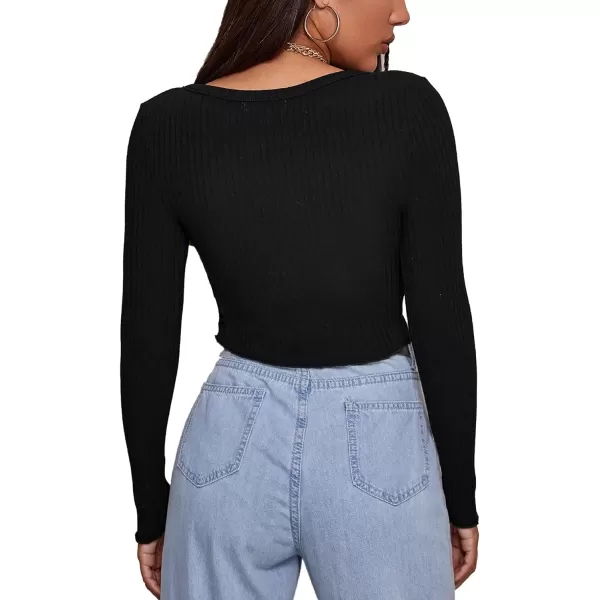 LYANER Women's Button Front V Neck Long Sleeve Slit Hem Ribbed Knit Crop T-Shirt Tee Top
