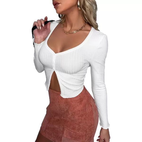 LYANER Women's Button Front V Neck Long Sleeve Slit Hem Ribbed Knit Crop T-Shirt Tee Top