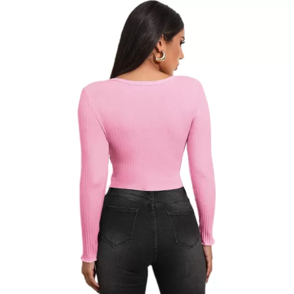 LYANER Women's Button Front V Neck Long Sleeve Slit Hem Ribbed Knit Crop T-Shirt Tee Top