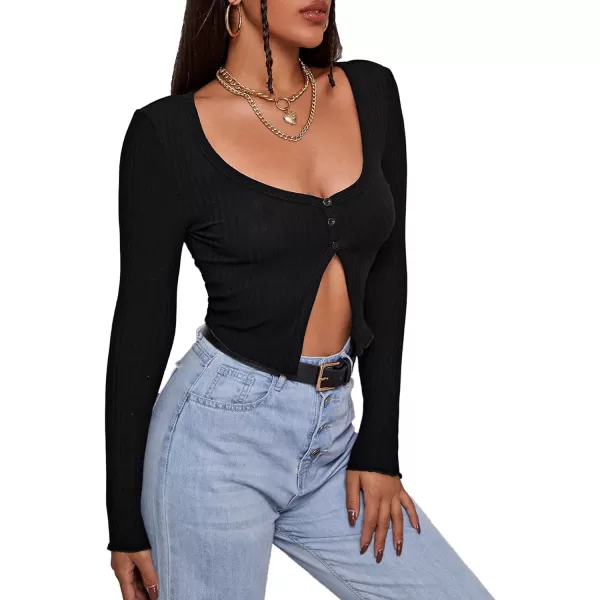 LYANER Women's Button Front V Neck Long Sleeve Slit Hem Ribbed Knit Crop T-Shirt Tee Top