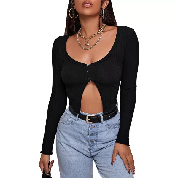 LYANER Women's Button Front V Neck Long Sleeve Slit Hem Ribbed Knit Crop T-Shirt Tee Top