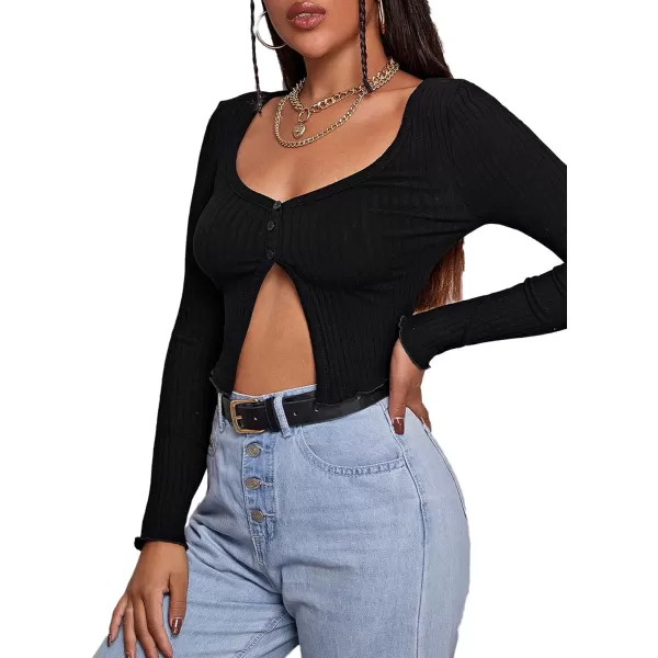 LYANER Women's Button Front V Neck Long Sleeve Slit Hem Ribbed Knit Crop T-Shirt Tee Top