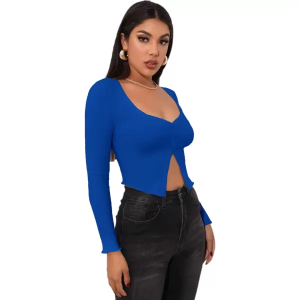 LYANER Women's Button Front V Neck Long Sleeve Slit Hem Ribbed Knit Crop T-Shirt Tee Top