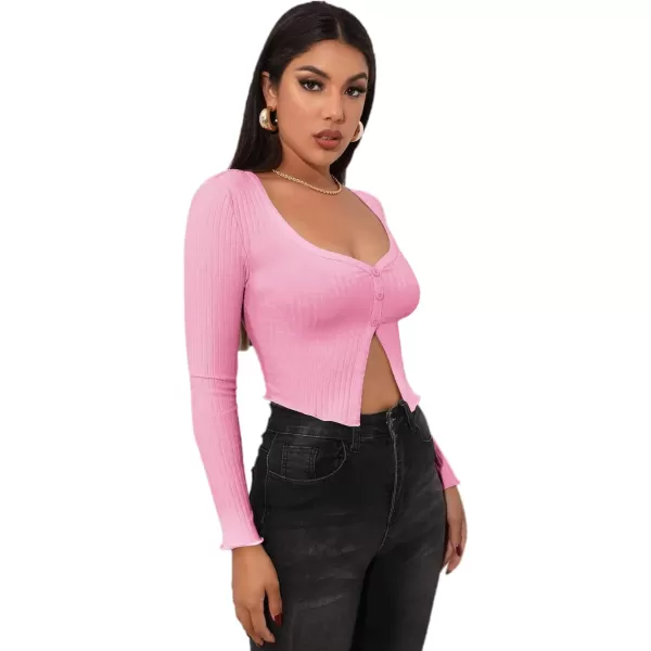 LYANER Women's Button Front V Neck Long Sleeve Slit Hem Ribbed Knit Crop T-Shirt Tee Top