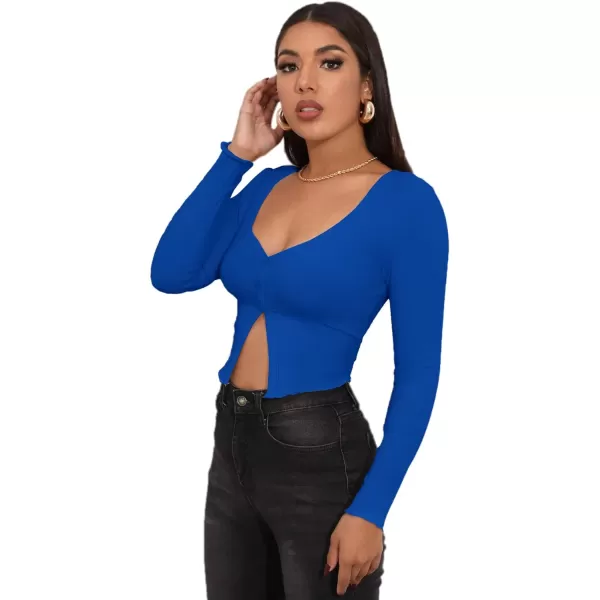 LYANER Women's Button Front V Neck Long Sleeve Slit Hem Ribbed Knit Crop T-Shirt Tee Top