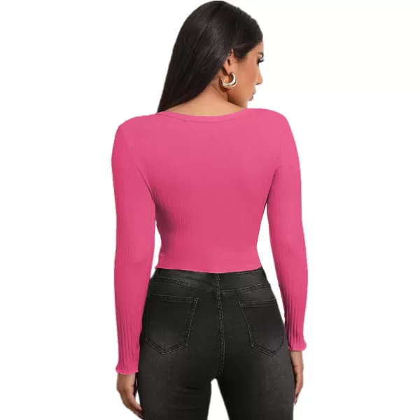 LYANER Women's Button Front V Neck Long Sleeve Slit Hem Ribbed Knit Crop T-Shirt Tee Top