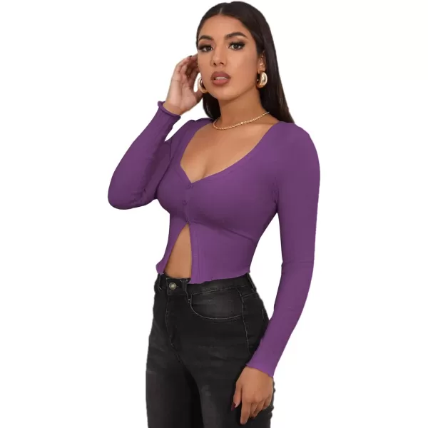 LYANER Women's Button Front V Neck Long Sleeve Slit Hem Ribbed Knit Crop T-Shirt Tee Top