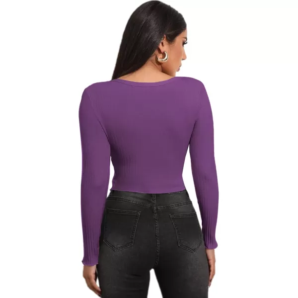 LYANER Women's Button Front V Neck Long Sleeve Slit Hem Ribbed Knit Crop T-Shirt Tee Top