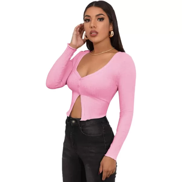 LYANER Women's Button Front V Neck Long Sleeve Slit Hem Ribbed Knit Crop T-Shirt Tee Top