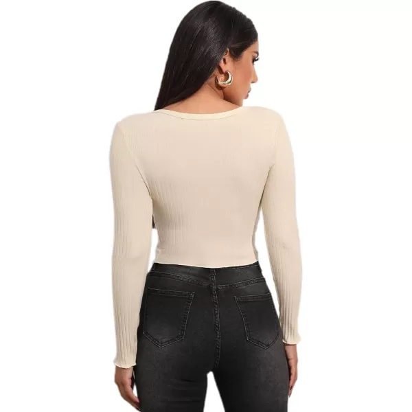 LYANER Women's Button Front V Neck Long Sleeve Slit Hem Ribbed Knit Crop T-Shirt Tee Top