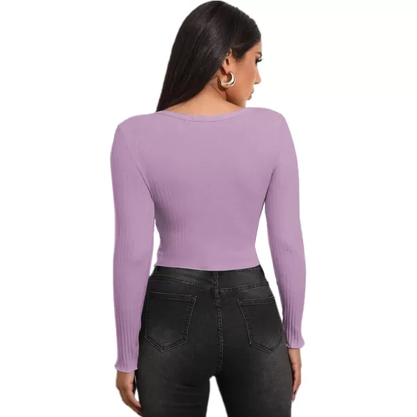 LYANER Women's Button Front V Neck Long Sleeve Slit Hem Ribbed Knit Crop T-Shirt Tee Top