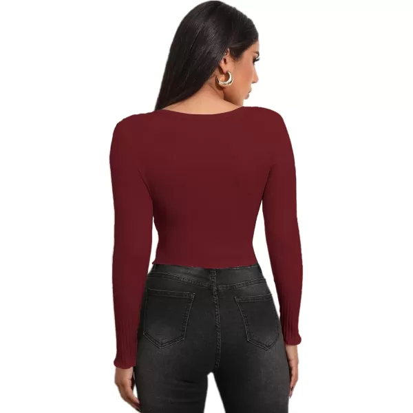 LYANER Women's Button Front V Neck Long Sleeve Slit Hem Ribbed Knit Crop T-Shirt Tee Top