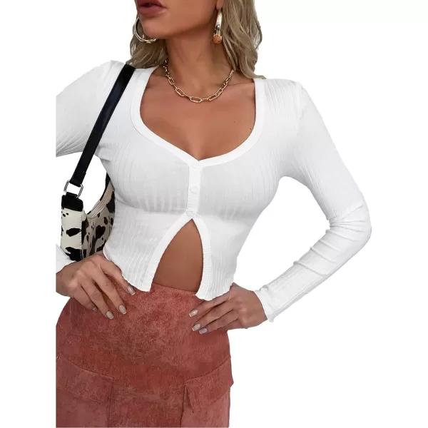 LYANER Women's Button Front V Neck Long Sleeve Slit Hem Ribbed Knit Crop T-Shirt Tee Top