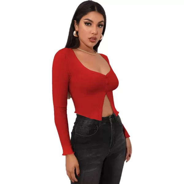 LYANER Women's Button Front V Neck Long Sleeve Slit Hem Ribbed Knit Crop T-Shirt Tee Top