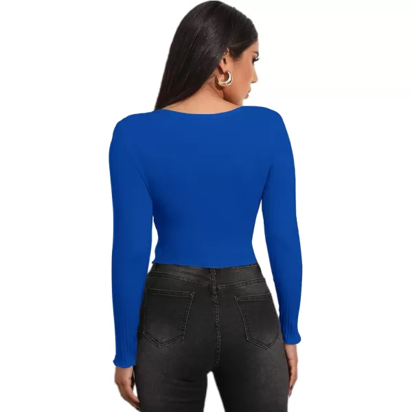 LYANER Women's Button Front V Neck Long Sleeve Slit Hem Ribbed Knit Crop T-Shirt Tee Top
