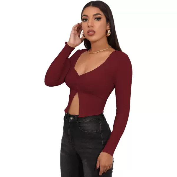 LYANER Women's Button Front V Neck Long Sleeve Slit Hem Ribbed Knit Crop T-Shirt Tee Top