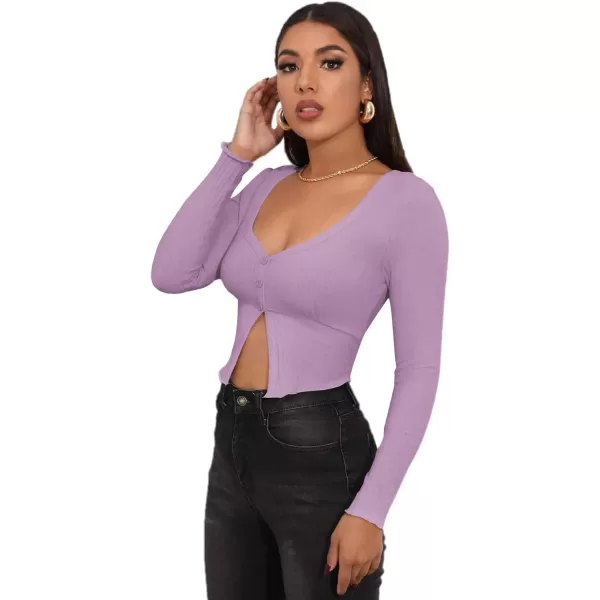 LYANER Women's Button Front V Neck Long Sleeve Slit Hem Ribbed Knit Crop T-Shirt Tee Top