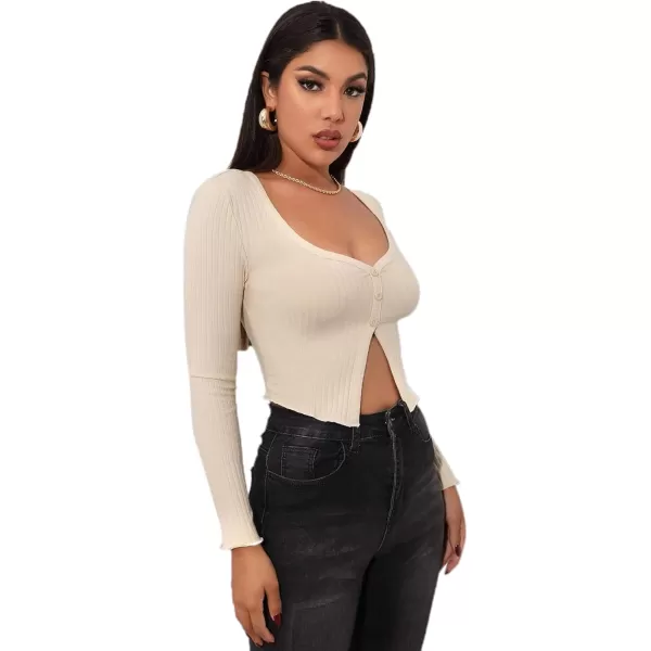 LYANER Women's Button Front V Neck Long Sleeve Slit Hem Ribbed Knit Crop T-Shirt Tee Top