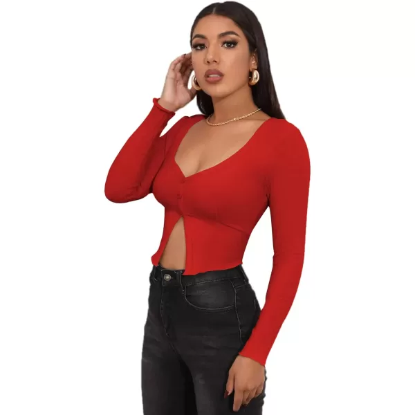 LYANER Women's Button Front V Neck Long Sleeve Slit Hem Ribbed Knit Crop T-Shirt Tee Top