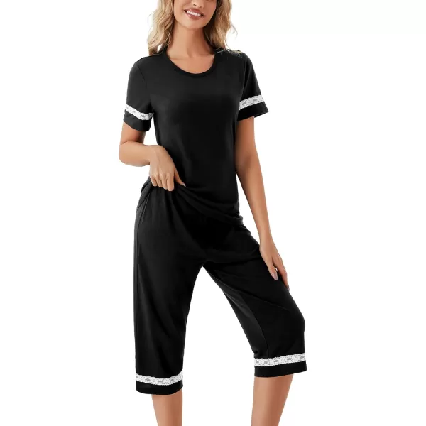 LYANER Women's Capri Pajama Sets Contrast Lace Short Sleeve Sleepwear Top and Capri Pants 2 Piece Loungewear