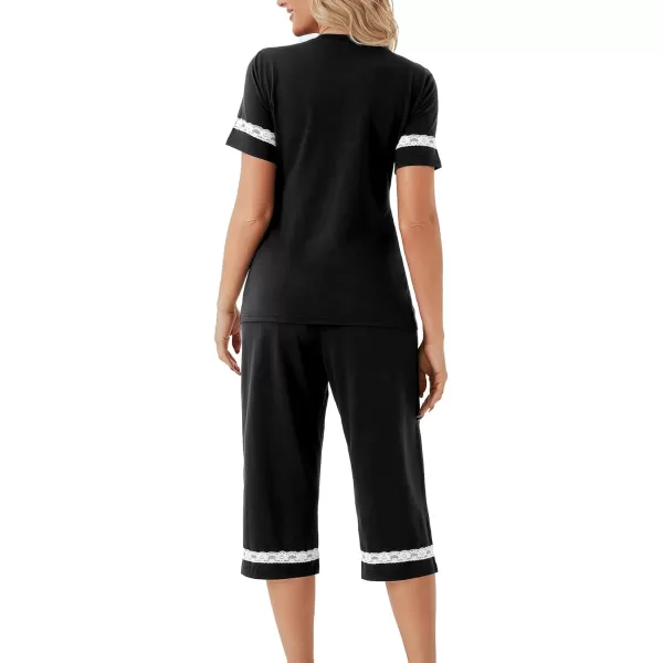 LYANER Women's Capri Pajama Sets Contrast Lace Short Sleeve Sleepwear Top and Capri Pants 2 Piece Loungewear