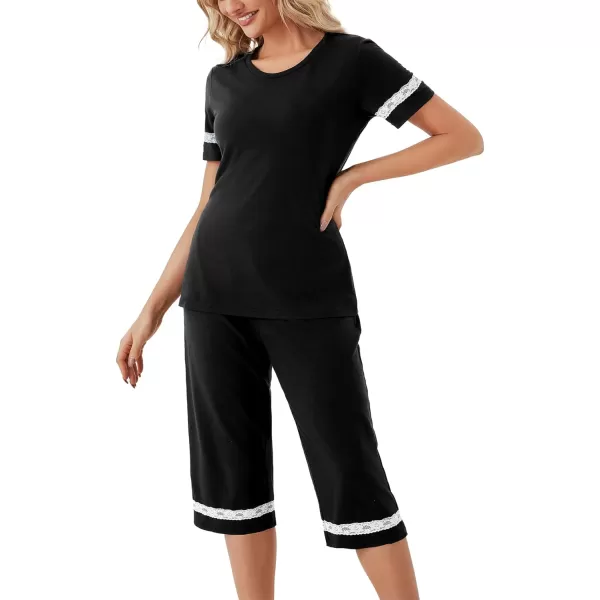 LYANER Women's Capri Pajama Sets Contrast Lace Short Sleeve Sleepwear Top and Capri Pants 2 Piece Loungewear