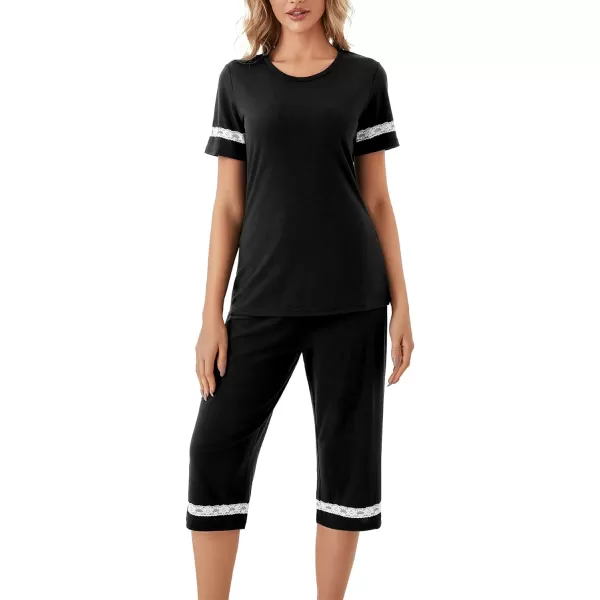 LYANER Women's Capri Pajama Sets Contrast Lace Short Sleeve Sleepwear Top and Capri Pants 2 Piece Loungewear