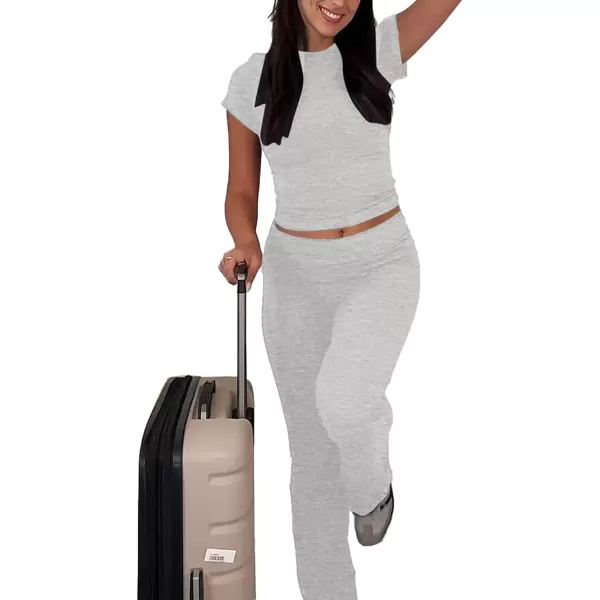 LYANER Women's Casual 2 Piece Outfits Short Sleeve Crop Top Fold Over Flare Pants Y2K Tracksuits Pajama Lounge Sets