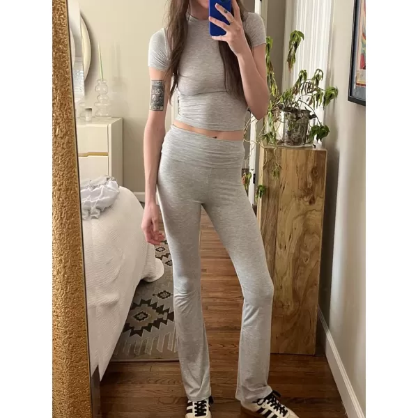 LYANER Women's Casual 2 Piece Outfits Short Sleeve Crop Top Fold Over Flare Pants Y2K Tracksuits Pajama Lounge Sets