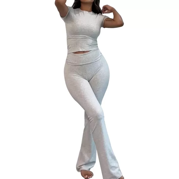 LYANER Women's Casual 2 Piece Outfits Short Sleeve Crop Top Fold Over Flare Pants Y2K Tracksuits Pajama Lounge Sets